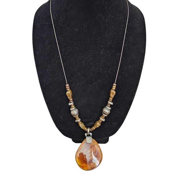 Vintage Mid Century Amber Stone Statement Piece Pendant Necklace - Picture 1 of 4